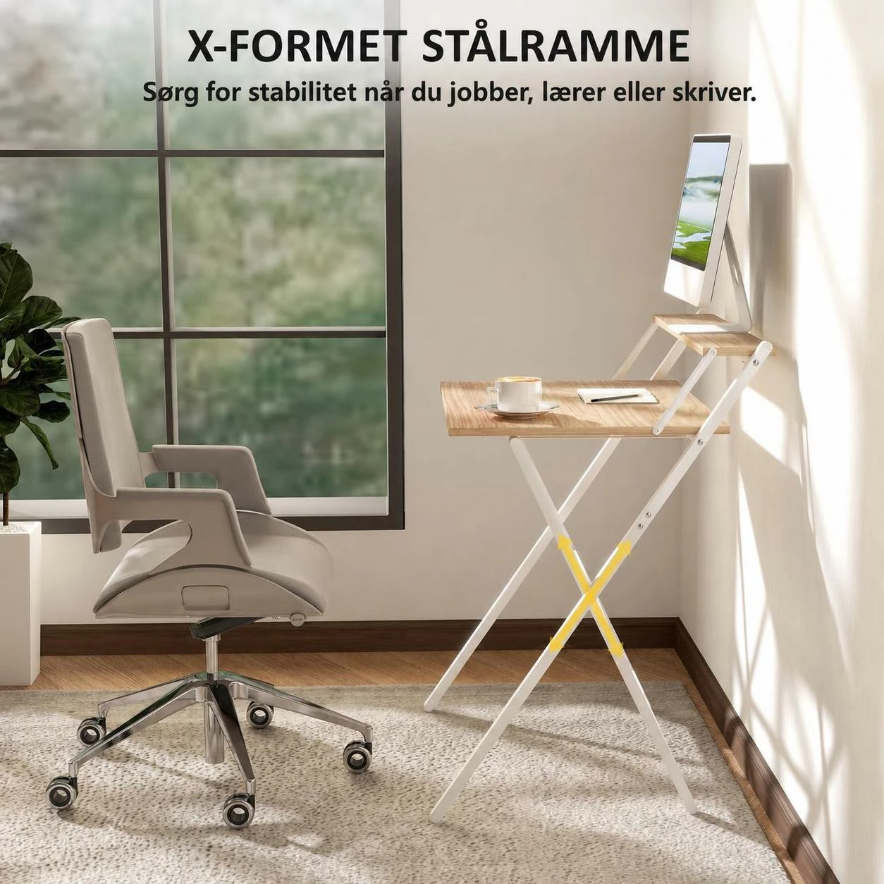 Sammenleggbart Skrivebord med Skjermstativ og Stålramme – Natur/Hvit, 70 cm Sammenleggbart Skrivebord med Skjermstativ og Stålramme – Natur/Hvit, 70 cm
