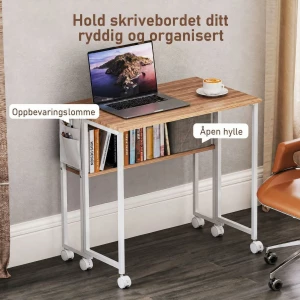 Sammenleggbart Skrivebord med Åpen Hylle, Sidelomme og Hjul – Natur/Hvit, 80 cm Sammenleggbart Skrivebord med Åpen Hylle, Sidelomme og Hjul – Natur/Hvit, 80 cm