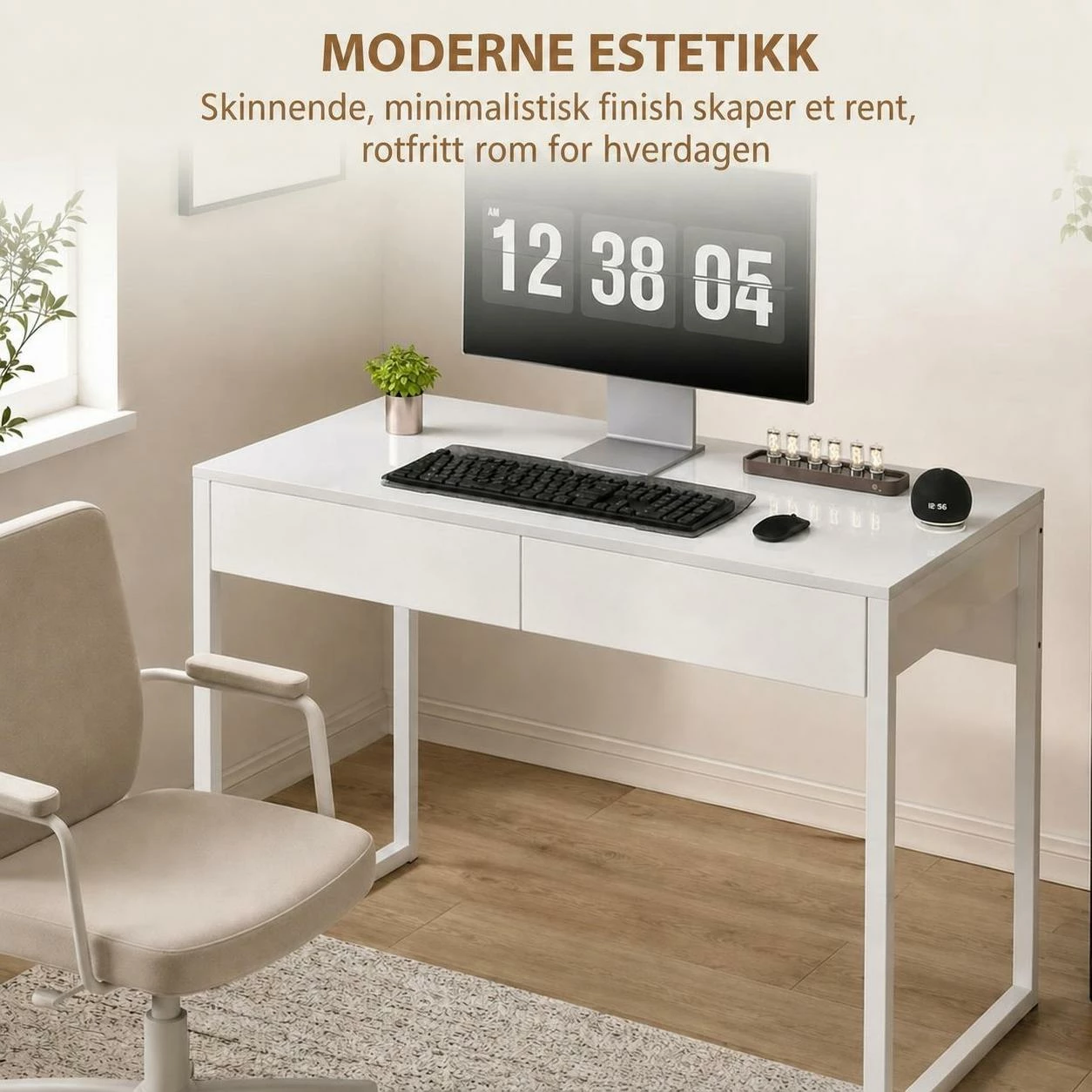 Skrivebord med 2 Skuffer og Høyglanset Bordplate – Hvit, 100 x 50 cm Skrivebord med 2 Skuffer og Høyglanset Bordplate – Hvit, 100 x 50 cm