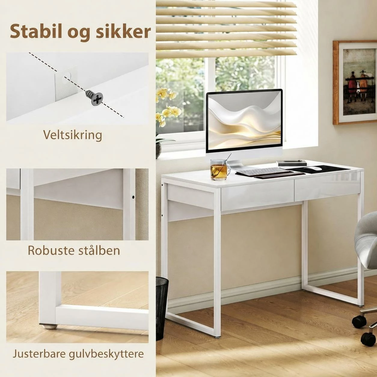 Skrivebord med 2 Skuffer og Høyglanset Bordplate – Hvit, 100 x 50 cm Skrivebord med 2 Skuffer og Høyglanset Bordplate – Hvit, 100 x 50 cm