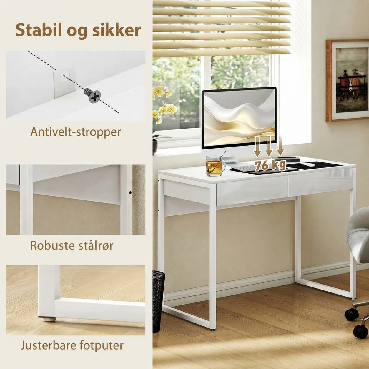 Skrivebord med 2 Skuffer og Høyglanset Bordplate – Hvit, 100 x 50 cm Skrivebord med 2 Skuffer og Høyglanset Bordplate – Hvit, 100 x 50 cm