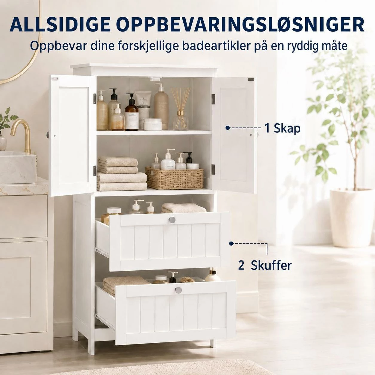 Baderomsskap med 2 Skuffer, Doble Dører og Justerbar Hylle – Hvit, 110 cm Baderomsskap med 2 Skuffer, Doble Dører og Justerbar Hylle – Hvit, 110 cm