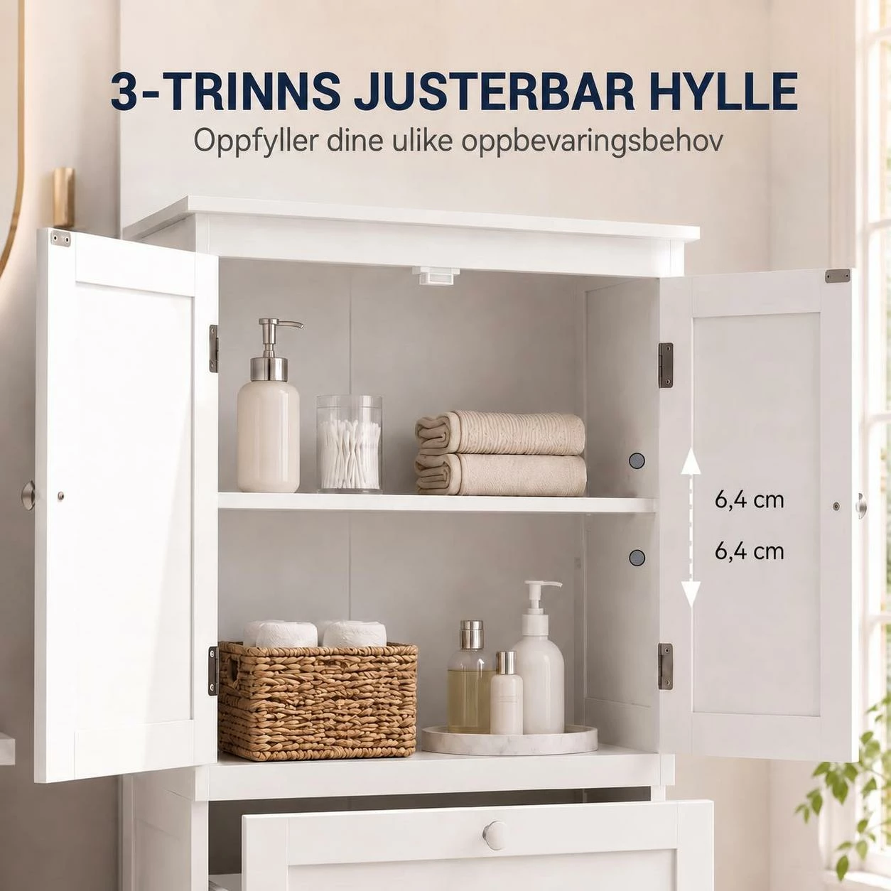 Baderomsskap med 2 Skuffer, Doble Dører og Justerbar Hylle – Hvit, 110 cm Baderomsskap med 2 Skuffer, Doble Dører og Justerbar Hylle – Hvit, 110 cm