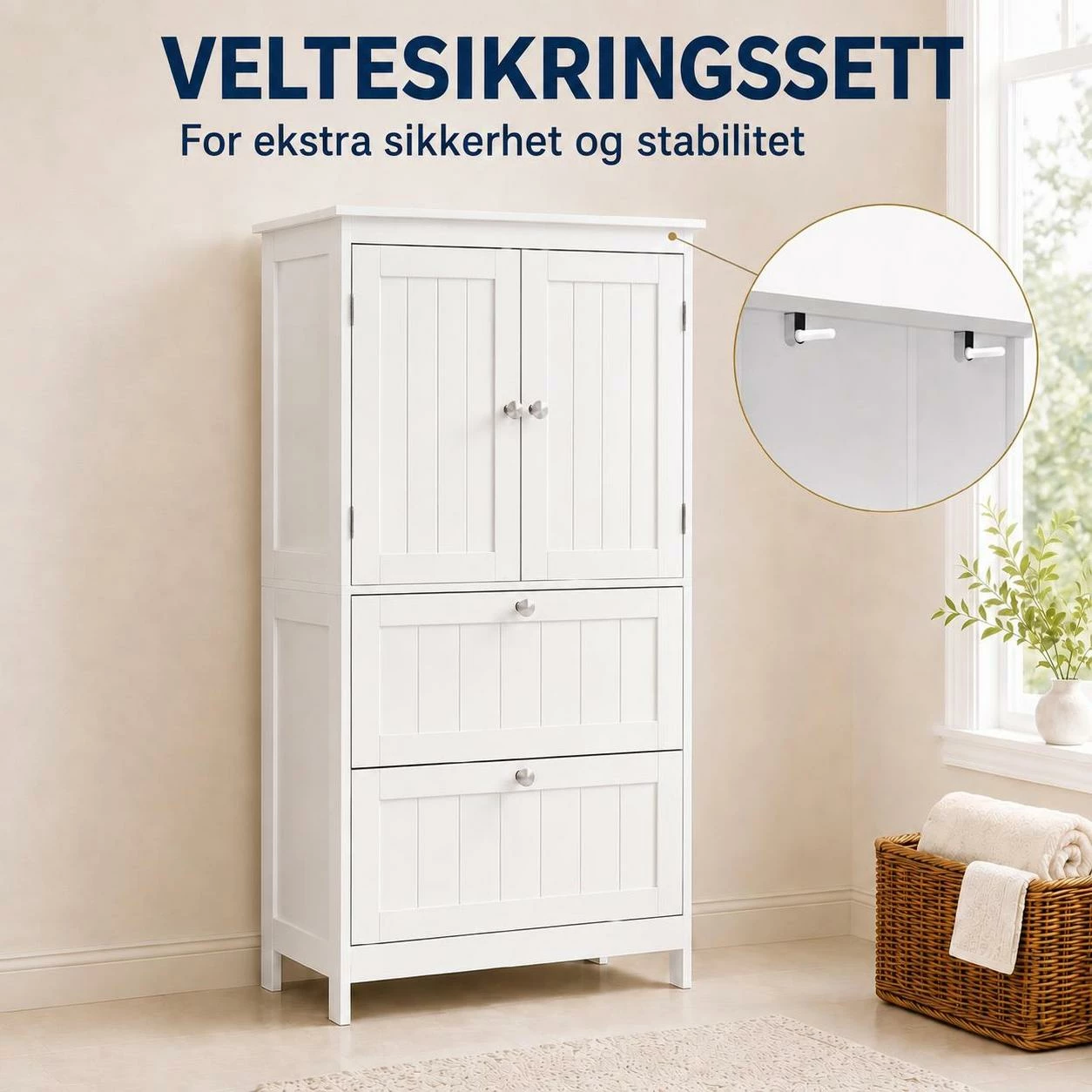 Baderomsskap med 2 Skuffer, Doble Dører og Justerbar Hylle – Hvit, 110 cm Baderomsskap med 2 Skuffer, Doble Dører og Justerbar Hylle – Hvit, 110 cm