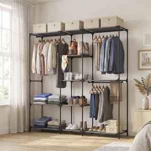 Stoffgarderobe med 3 Klesstenger og 5 Hyller – Svart, 182 cm Stoffgarderobe med 3 Klesstenger og 5 Hyller – Svart, 182 cm