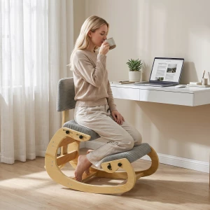 Ergonomisk Knestol med Ryggstøtte, Gyngefunksjon og Tykk Polstring – Mørkegrå/Naturtre Kordfløyel Ergonomisk Knestol med Ryggstøtte, Gyngefunksjon og Tykk Polstring – Mørkegrå/Naturtre Kordfløyel