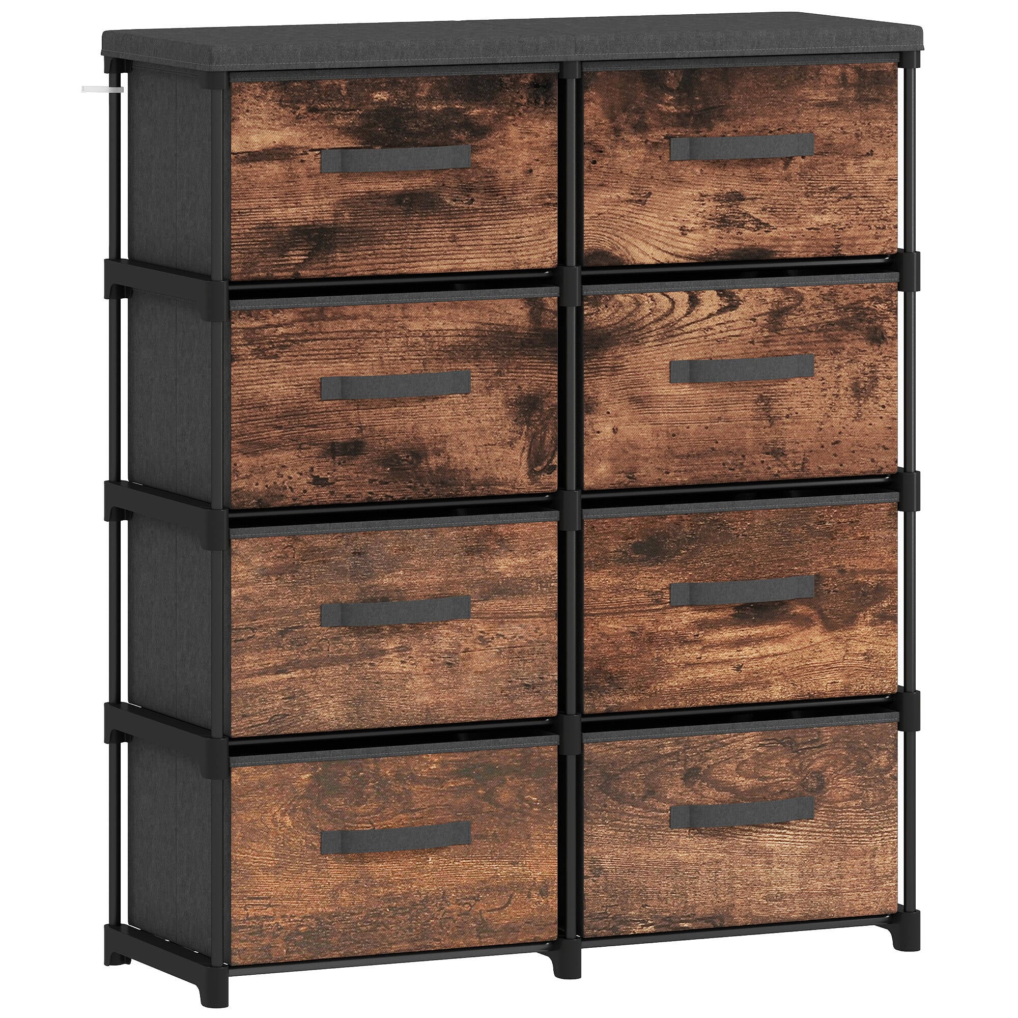 Kommode med 8 Stoffskuffer og Metallramme – Rustikk Brun/Svart, 100 cm