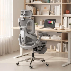Ergonomisk Kontorstol med Justerbar Korsryggstøtte, 4D-Armlener, Fotstøtte og 135° Lenefunksjon – Grå Mesh Ergonomisk Kontorstol med Justerbar Korsryggstøtte, 4D-Armlener, Fotstøtte og 135° Lenefunksjon – Grå Mesh