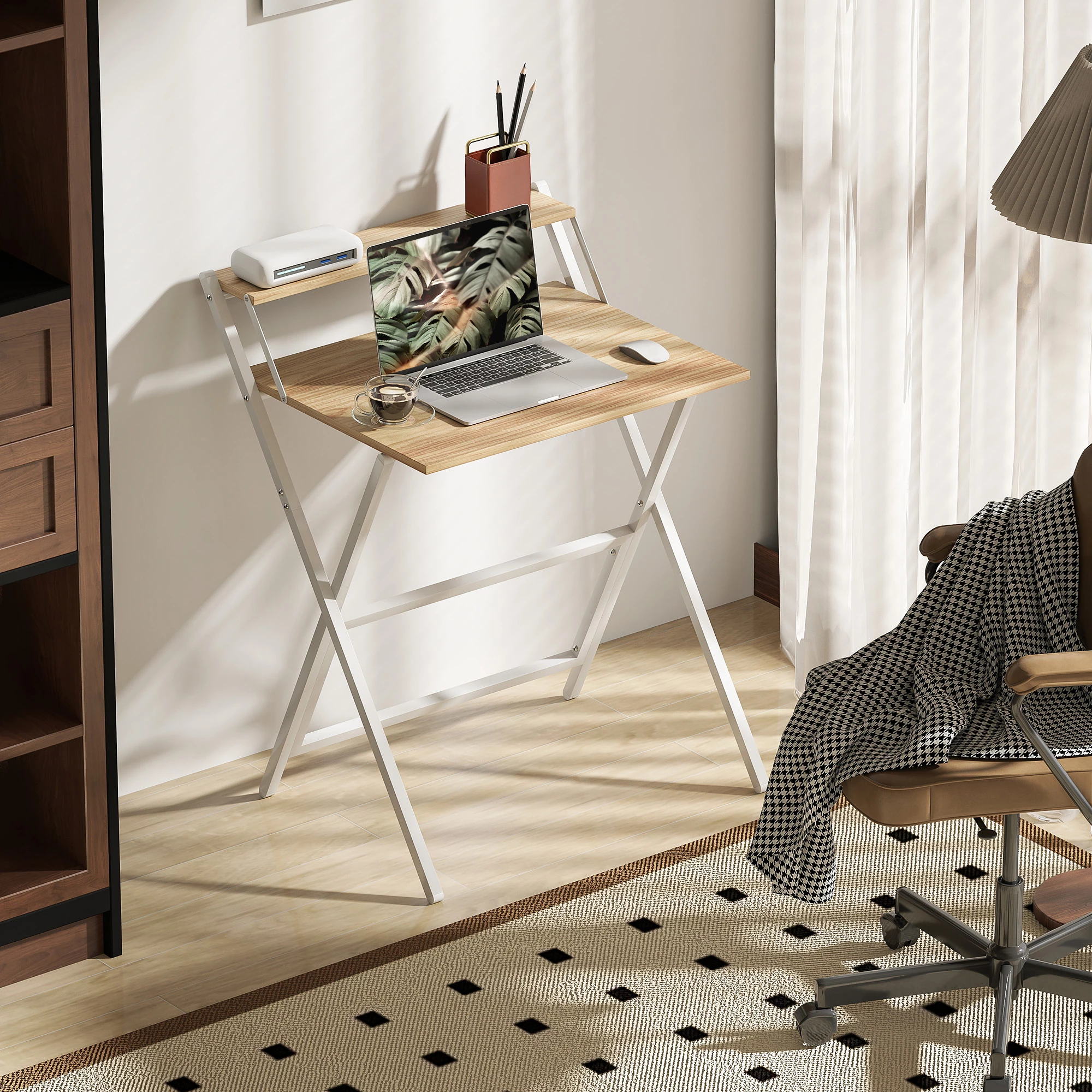 Sammenleggbart Skrivebord med Skjermstativ og Stålramme – Natur/Hvit, 70 cm Sammenleggbart Skrivebord med Skjermstativ og Stålramme – Natur/Hvit, 70 cm