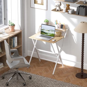 Sammenleggbart Skrivebord med Skjermstativ og Stålramme – Natur/Hvit, 70 cm Sammenleggbart Skrivebord med Skjermstativ og Stålramme – Natur/Hvit, 70 cm