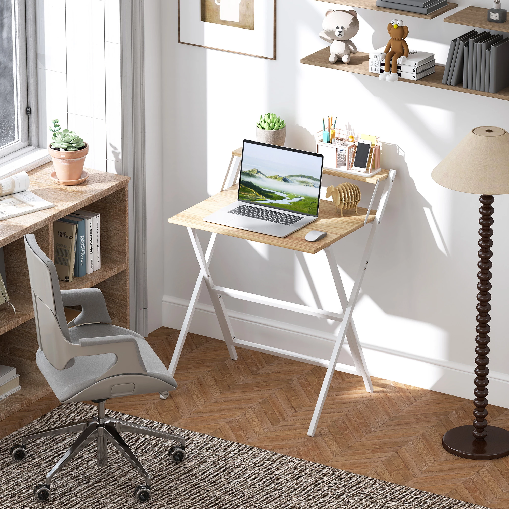 Sammenleggbart Skrivebord med Skjermstativ og Stålramme – Natur/Hvit, 70 cm Sammenleggbart Skrivebord med Skjermstativ og Stålramme – Natur/Hvit, 70 cm