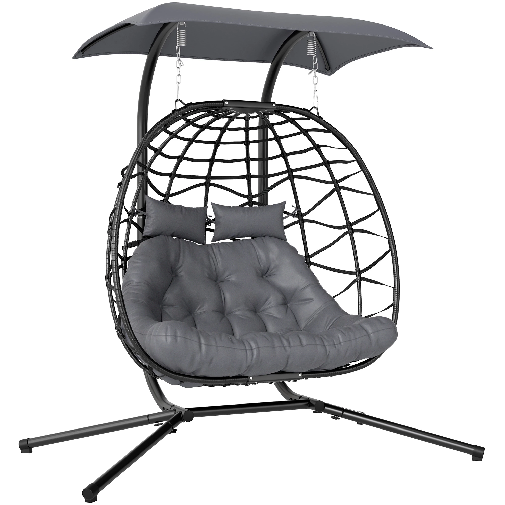 Sammenleggbar Hengestol for 2 Personer med Soltak, Pute og Nakkepute – Svart, Maks 260 kg Sammenleggbar Hengestol for 2 Personer med Soltak, Pute og Nakkepute – Svart, Maks 260 kg
