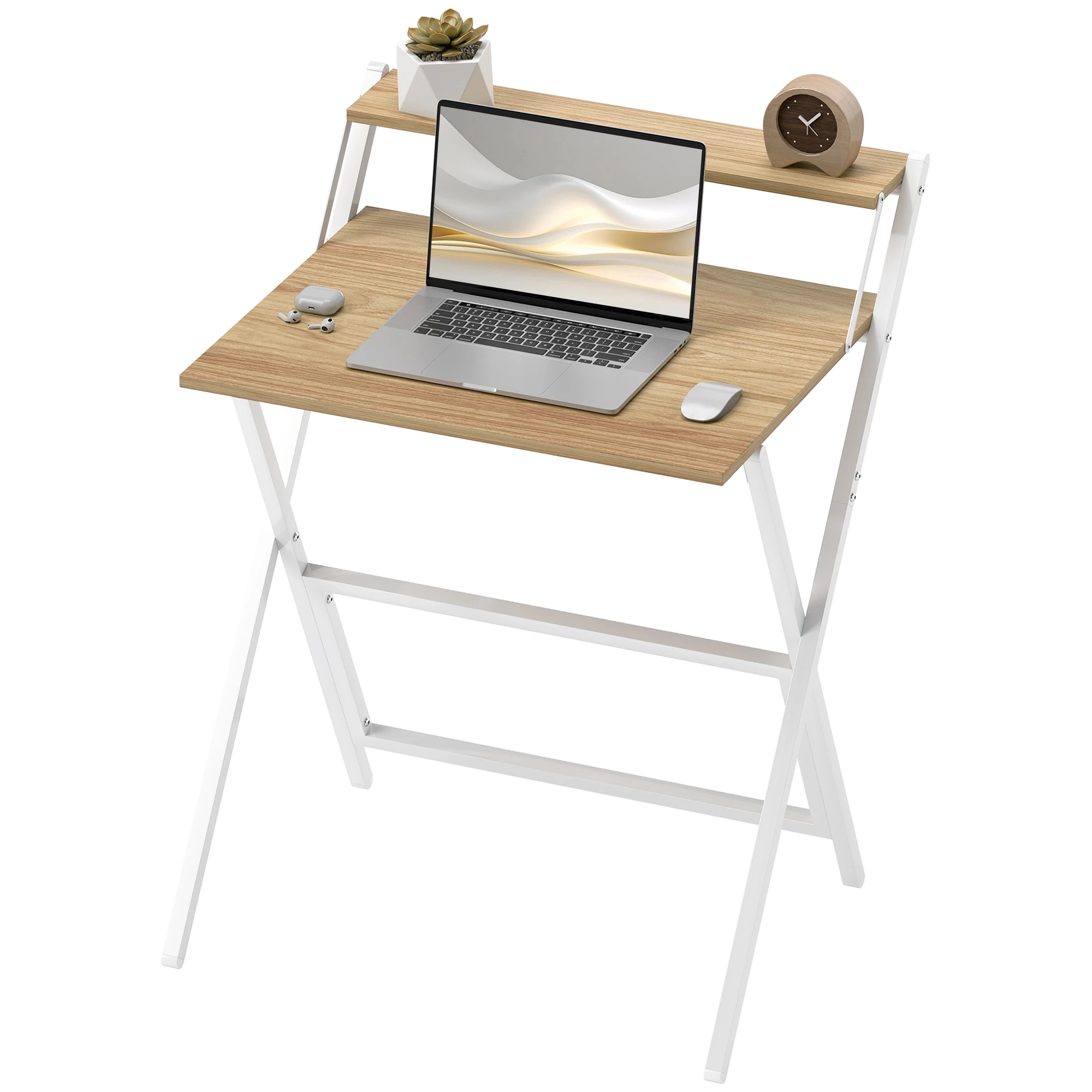 Sammenleggbart Skrivebord med Skjermstativ og Stålramme – Natur/Hvit, 70 cm Sammenleggbart Skrivebord med Skjermstativ og Stålramme – Natur/Hvit, 70 cm