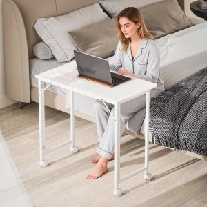 Sammenleggbart Skrivebord med Låsbare Hjul og Enhetsspor – Hvit/Trelook, 80 cm Sammenleggbart Skrivebord med Låsbare Hjul og Enhetsspor – Hvit/Trelook, 80 cm