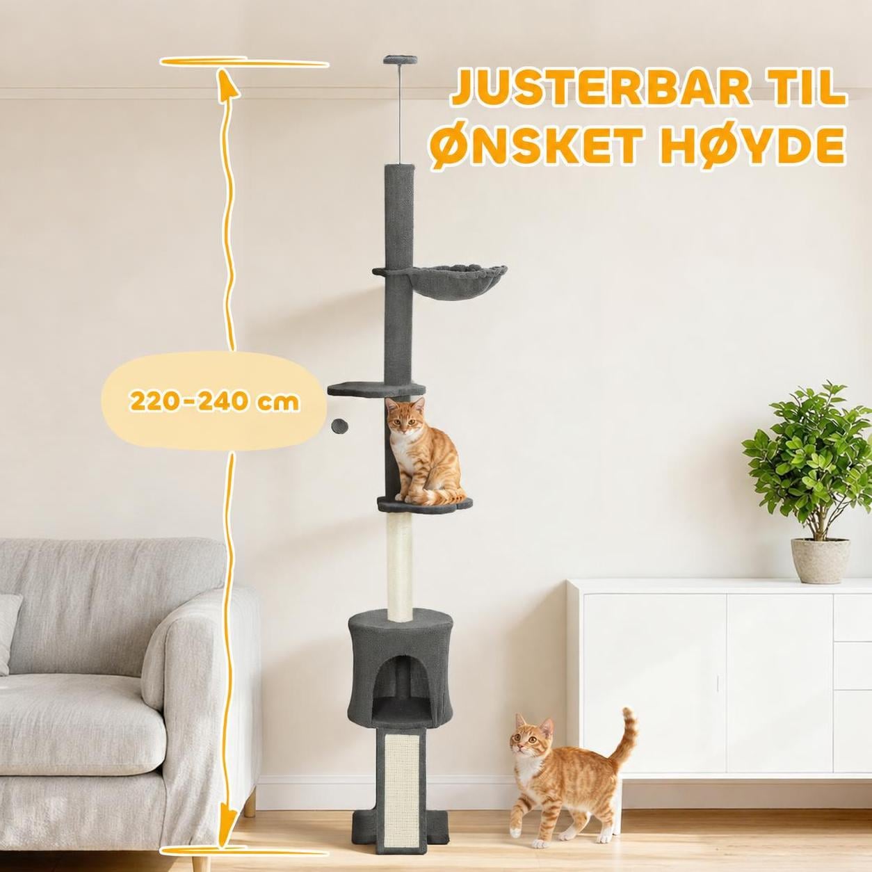 Kattestativ med hengekøye, takfeste og justerbar høyde 30 x 25 x 220–240 cm mørkegrå + kremhvit AS Kattestativ med hengekøye, takfeste og justerbar høyde 30 x 25 x 220–240 cm mørkegrå + kremhvit AS