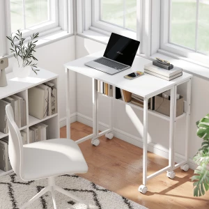 Sammenleggbart Skrivebord med Åpen Hylle, Sidelomme og Hjul – Hvit, 80 cm Sammenleggbart Skrivebord med Åpen Hylle, Sidelomme og Hjul – Hvit, 80 cm