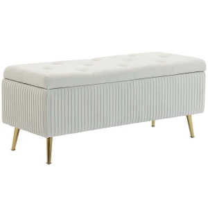 Oppbevaringsbenk 79 L med Polstret Sete og Plissert Design – Beige Fløyel/Gull Oppbevaringsbenk 79 L med Polstret Sete og Plissert Design – Beige Fløyel/Gull