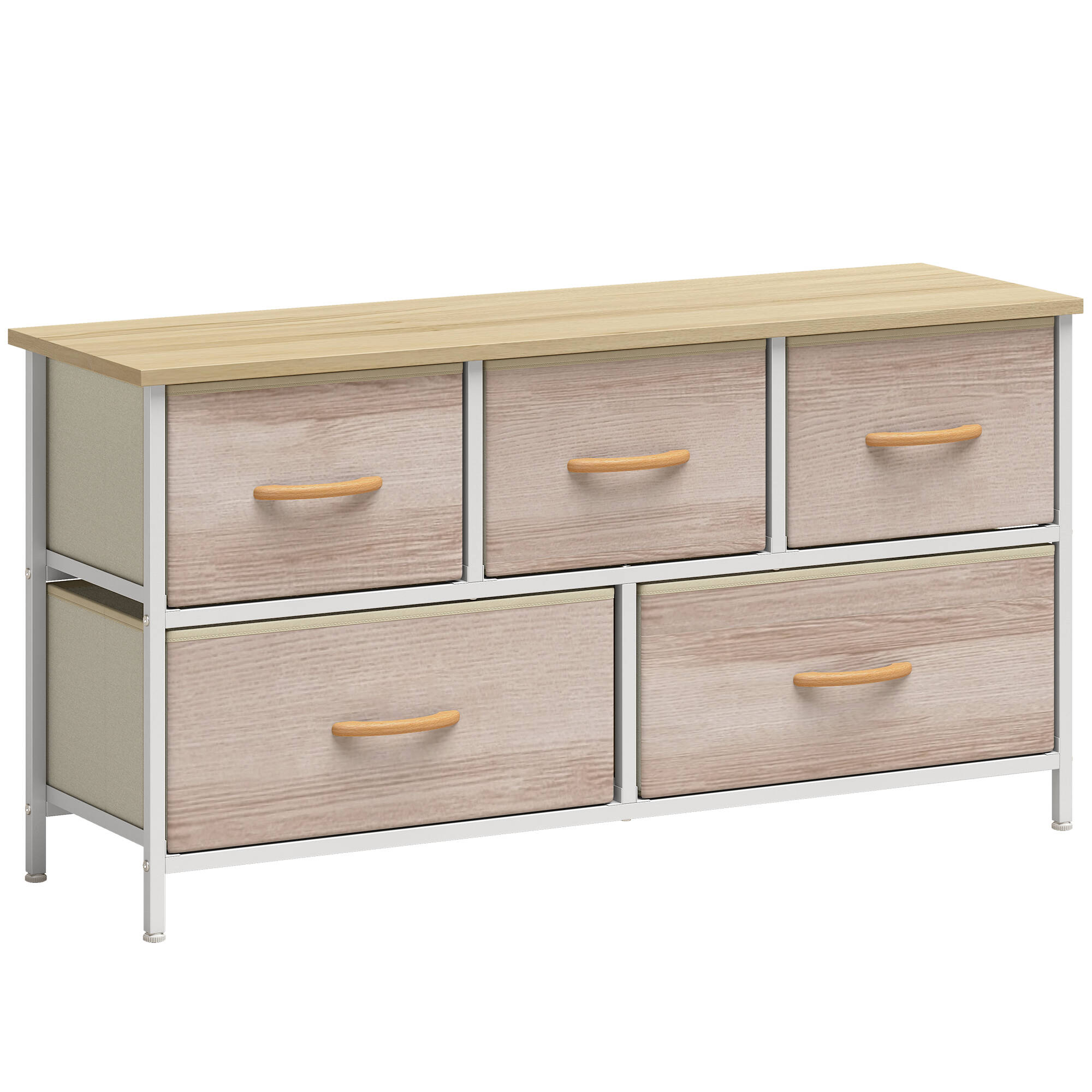 Kommode med 5 Stoffskuffer og Metallramme – Natur/Hvit, 100 x 30 x 51,5 cm