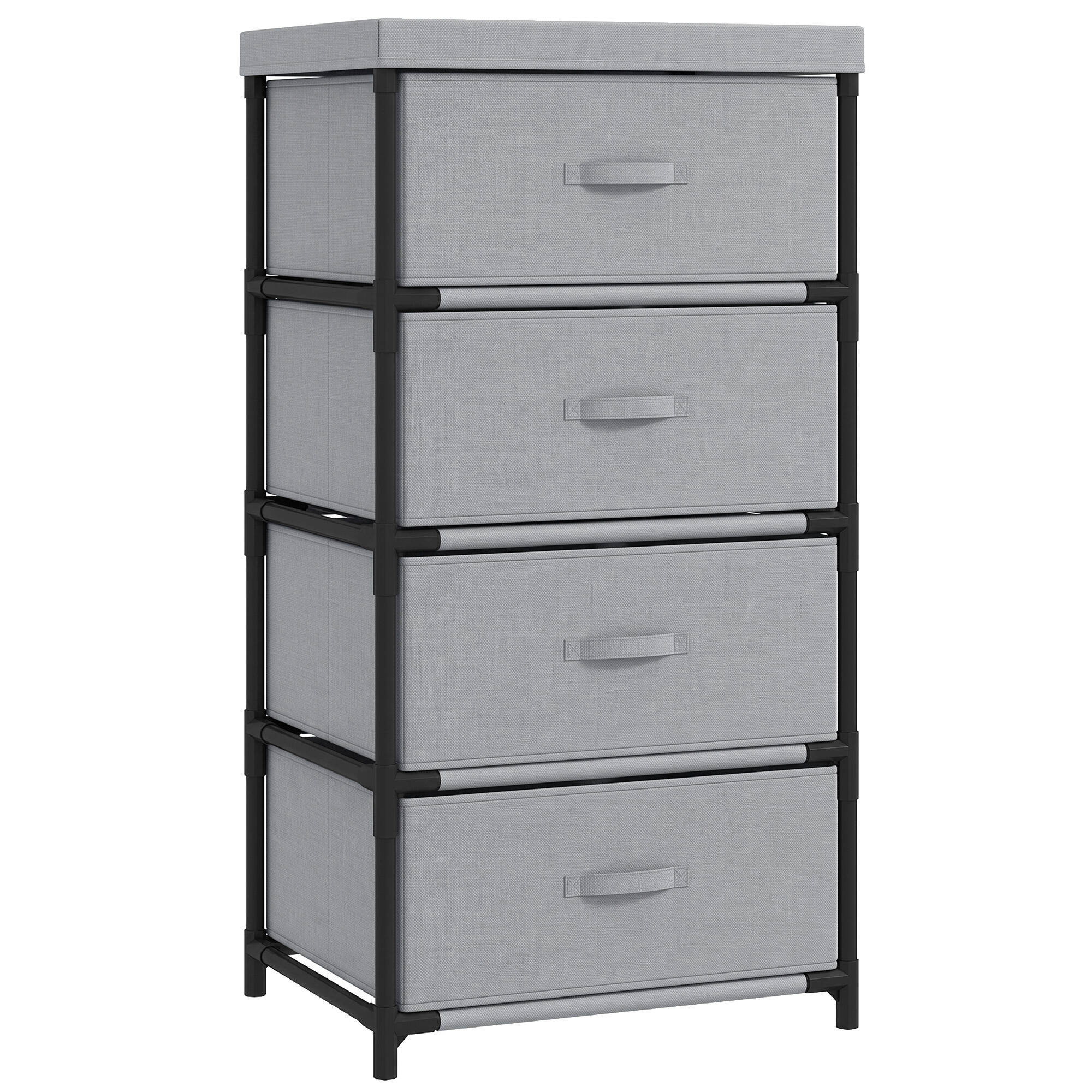 Smal Kommode med 4 Stoffskuffer og Stålramme – Grå/Svart, 80 cm