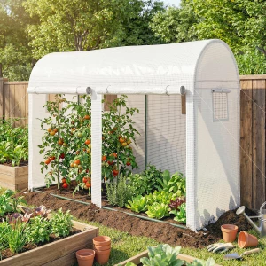 Drivhus med 2 Opprullbare Dører, 4 Vinduer og PE-Trekk – Hvit, 300 x 100 x 200 cm Drivhus med 2 Opprullbare Dører, 4 Vinduer og PE-Trekk – Hvit, 300 x 100 x 200 cm