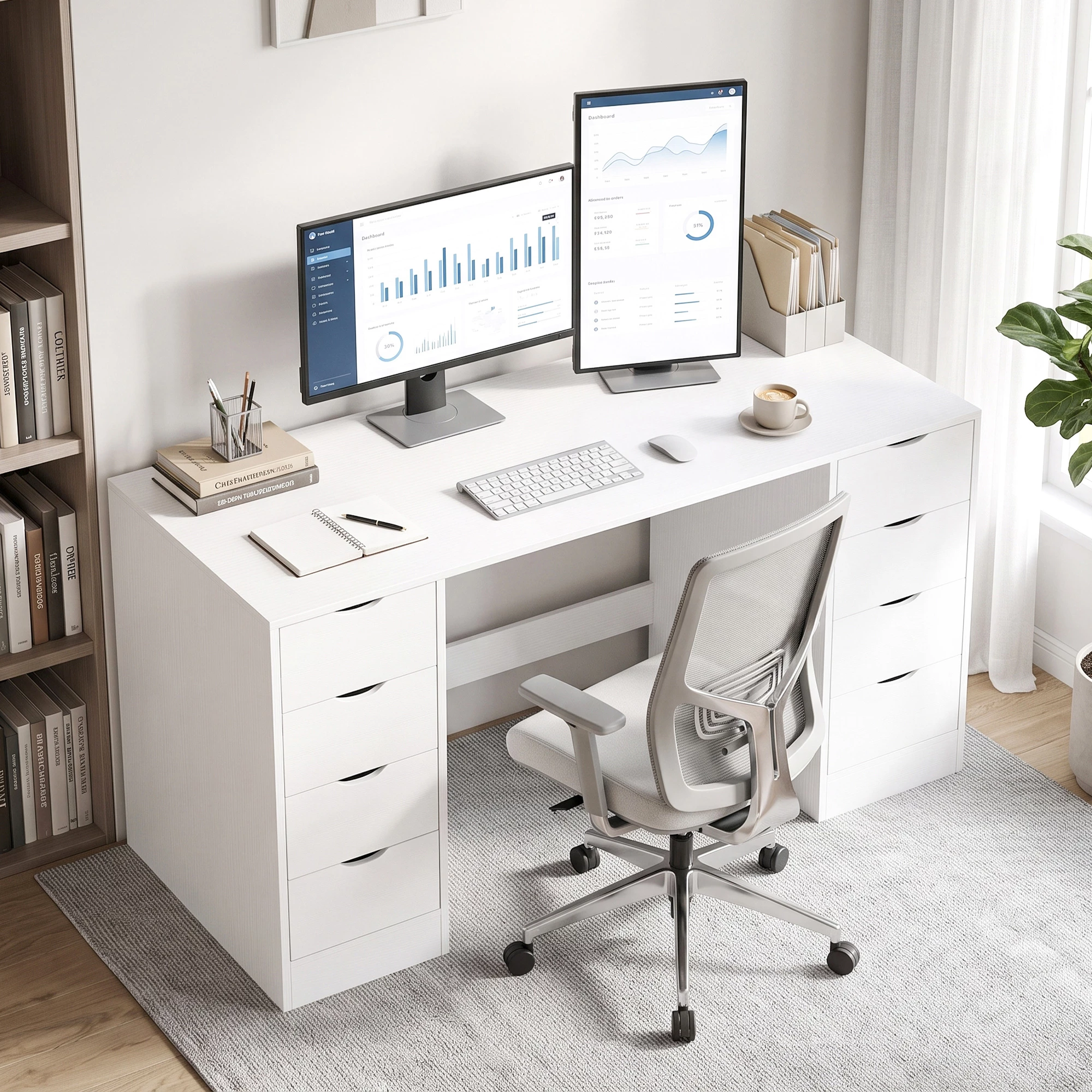 Skrivebord med 8 Skuffer og Stor Arbeidsflate – Hvit, 140 x 53 cm Skrivebord med 8 Skuffer og Stor Arbeidsflate – Hvit, 140 x 53 cm