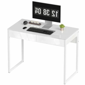 Skrivebord med 2 Skuffer og Høyglanset Bordplate – Hvit, 100 x 50 cm Skrivebord med 2 Skuffer og Høyglanset Bordplate – Hvit, 100 x 50 cm