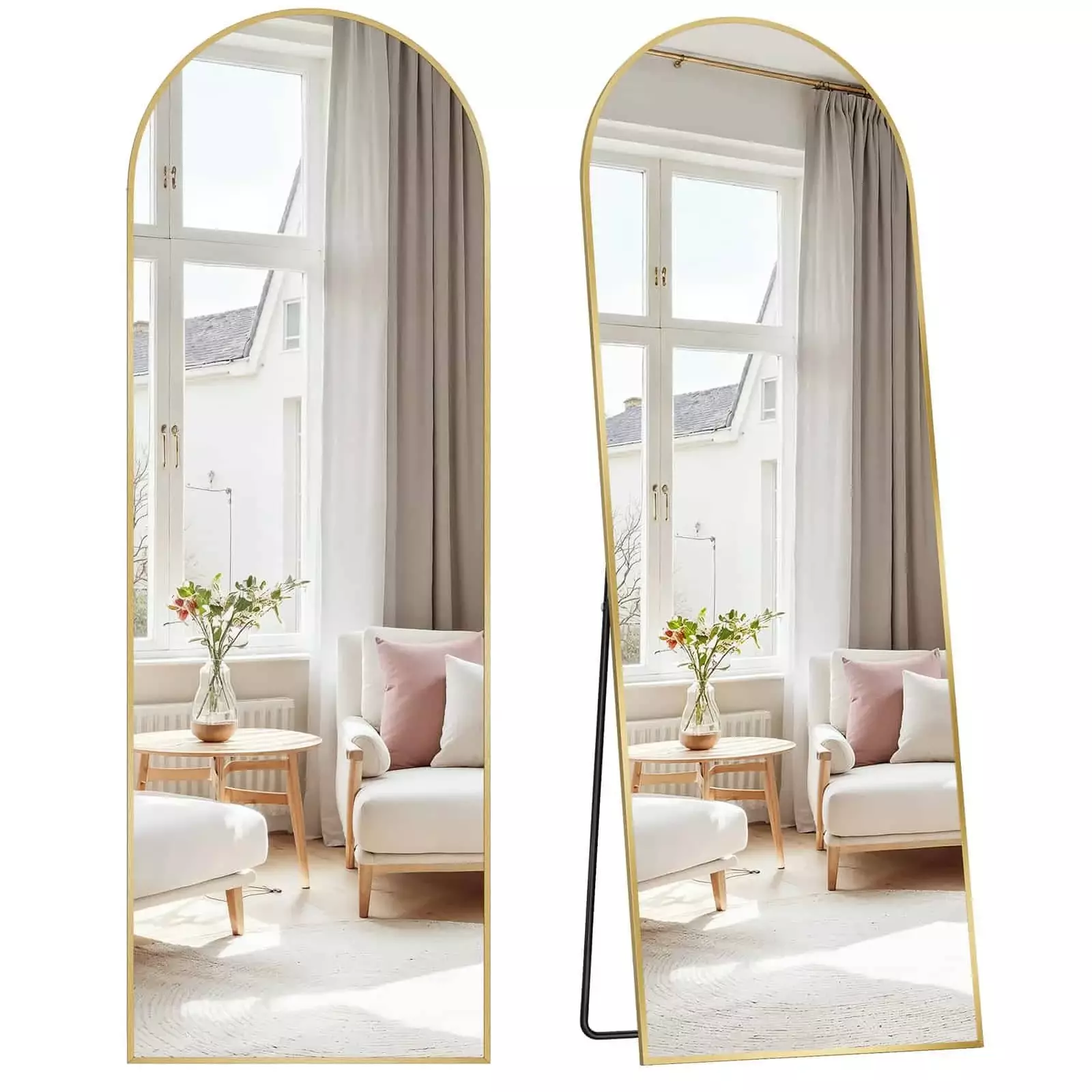 Buet helfigurspeil med stativ - 160 x 50 cm, lys gull