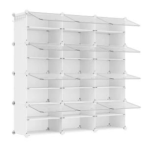 Modulært skoskap med 12 rom - 124,4 x 32 x 124,6 cm, hvit/transparent  
