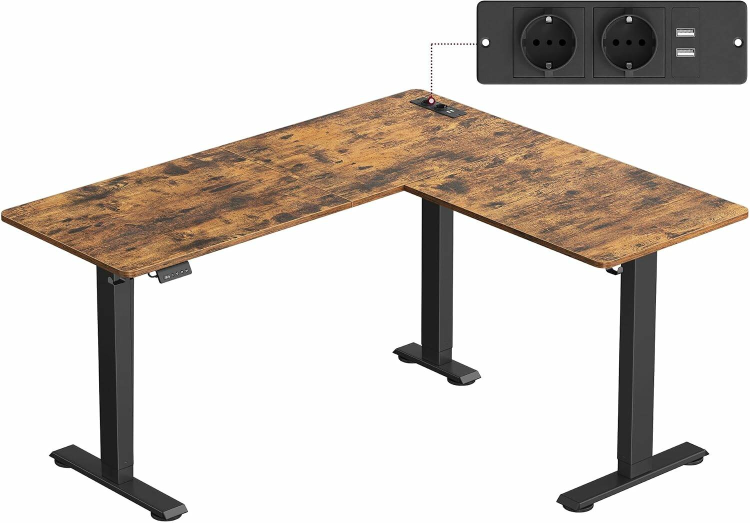 Elektrisk hev- og senkbart L-formet skrivebord - 140 x 160 cm, brun/svart