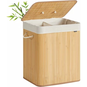 Skittentøyskurv i bambus med lokk og 2 rom - 120 L, natur  